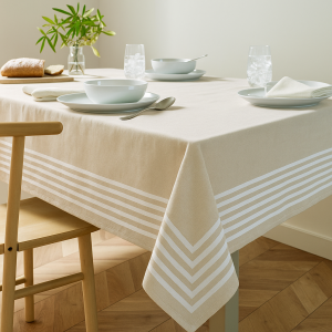 Mantel rectangular 6-8 puestos rayas camel/blanco hueso